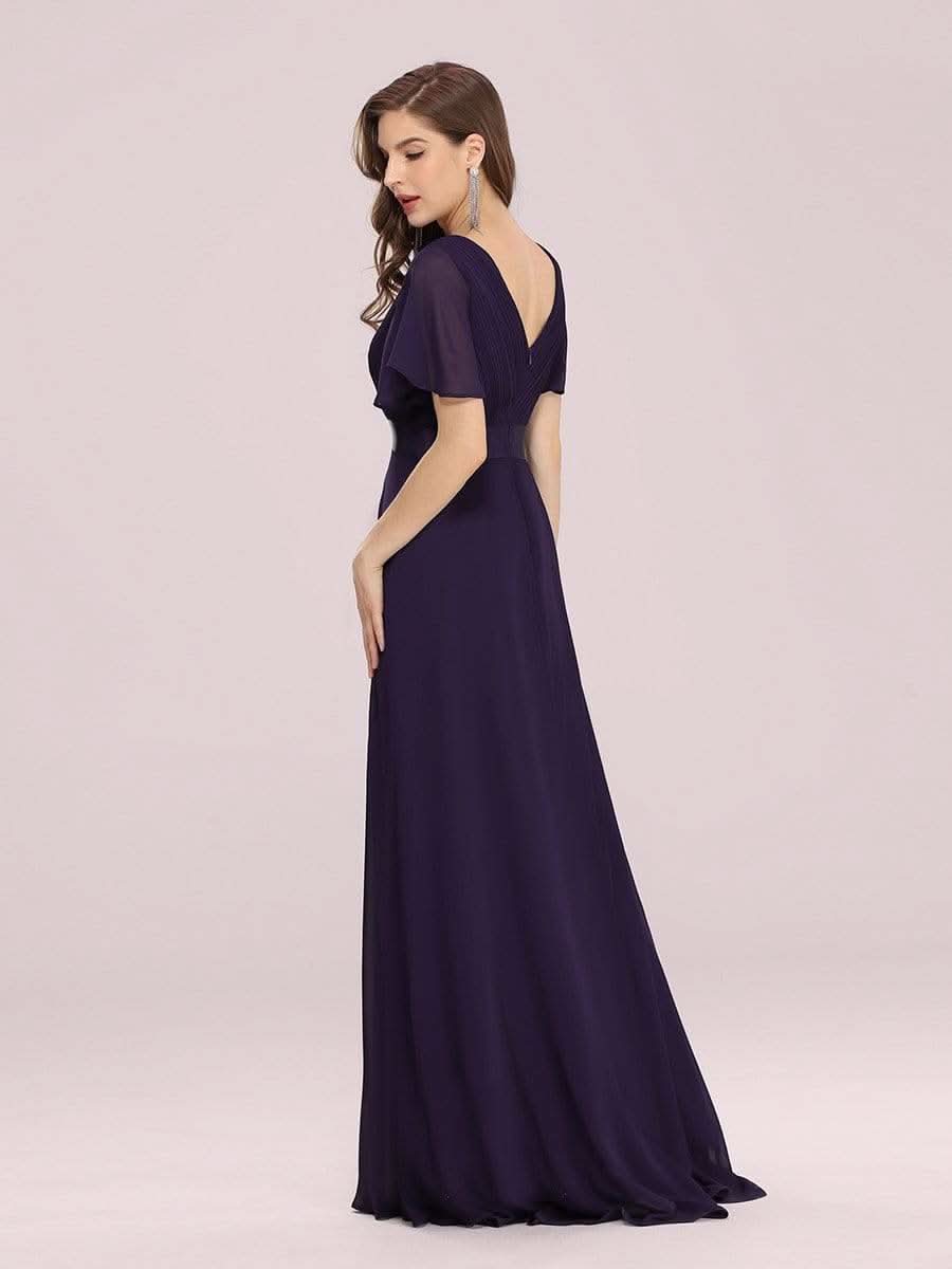 Langes Brautjungfernkleid mit Empire-Taille und kurzen, flatternden Ärmeln #Farbe_Dunkelviolett