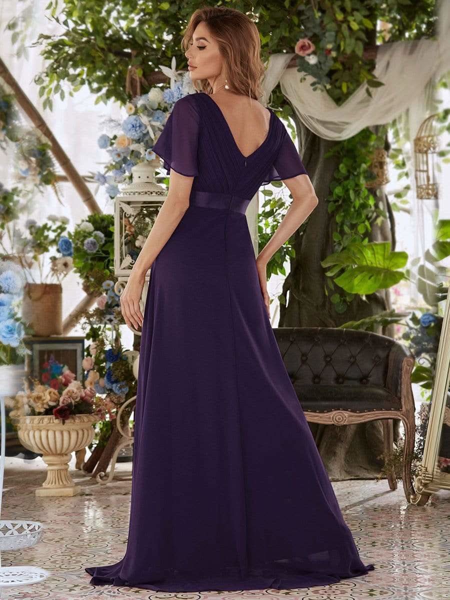 Langes Brautjungfernkleid mit Empire-Taille und kurzen, flatternden Ärmeln #Farbe_Dunkelviolett