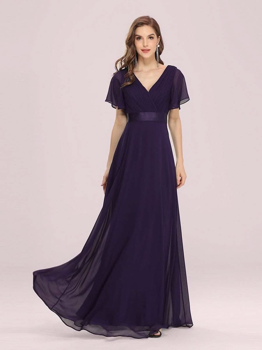 Langes Brautjungfernkleid mit Empire-Taille und kurzen, flatternden Ärmeln #Farbe_Dunkelviolett