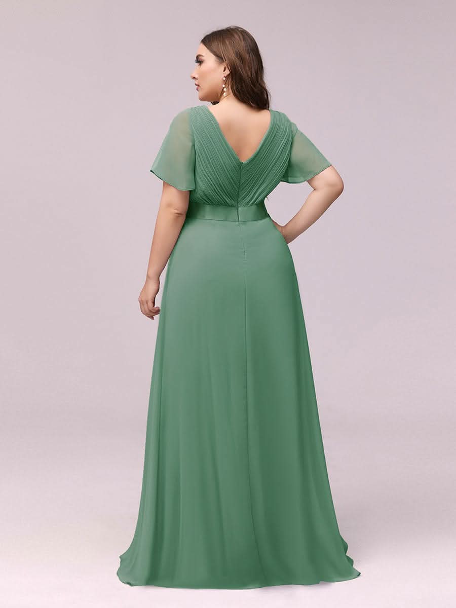 Langes Brautjungfernkleid mit Empire-Taille und kurzen, flatternden Ärmeln #Farbe_Khakigrün