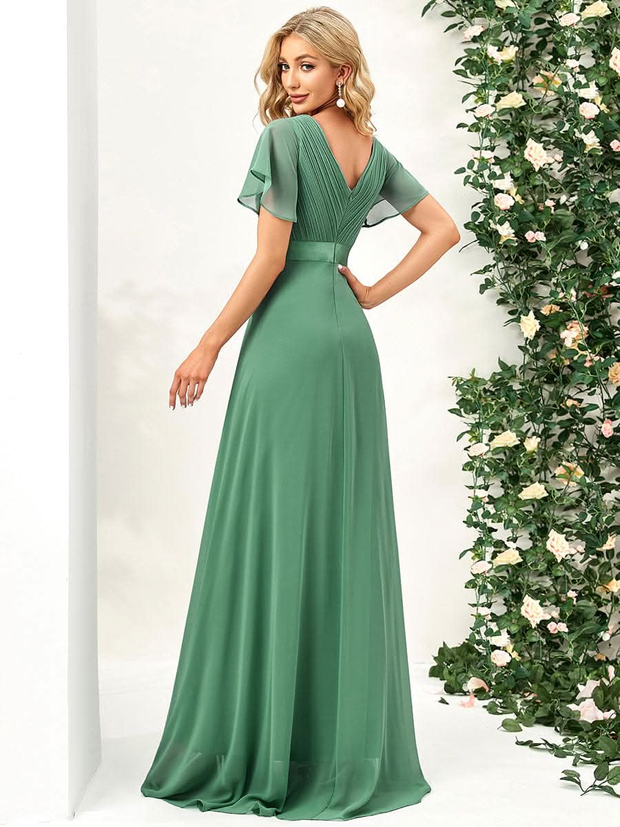 Langes Brautjungfernkleid mit Empire-Taille und kurzen, flatternden Ärmeln #Farbe_Khakigrün