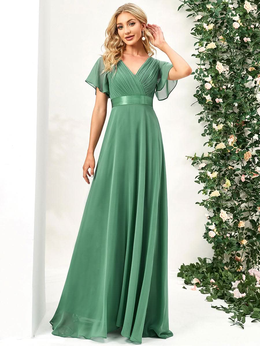 Langes Brautjungfernkleid mit Empire-Taille und kurzen, flatternden Ärmeln #Farbe_Khakigrün