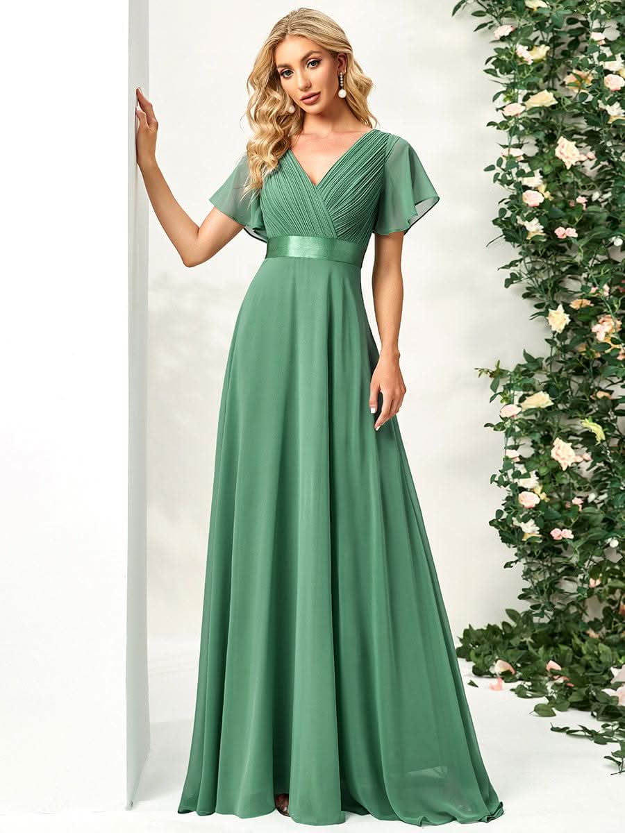 Langes Brautjungfernkleid mit Empire-Taille und kurzen, flatternden Ärmeln #Farbe_Khakigrün