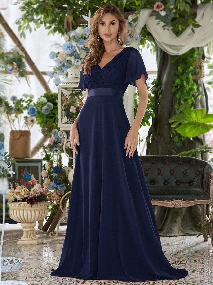 Langes Brautjungfernkleid mit Empire-Taille und kurzen, flatternden Ärmeln #Farbe_Marineblau