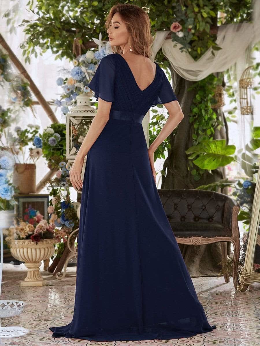 Langes Brautjungfernkleid mit Empire-Taille und kurzen, flatternden Ärmeln #Farbe_Marineblau