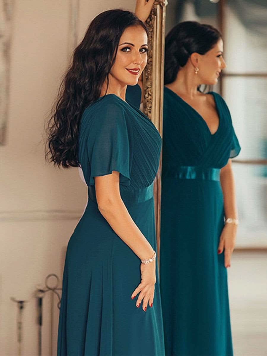Langes Brautjungfernkleid mit Empire-Taille und kurzen, flatternden Ärmeln #Farbe_Teal
