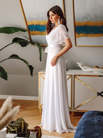 Langes Brautjungfernkleid mit Empire-Taille und kurzen, flatternden Ärmeln #Farbe_Weiß