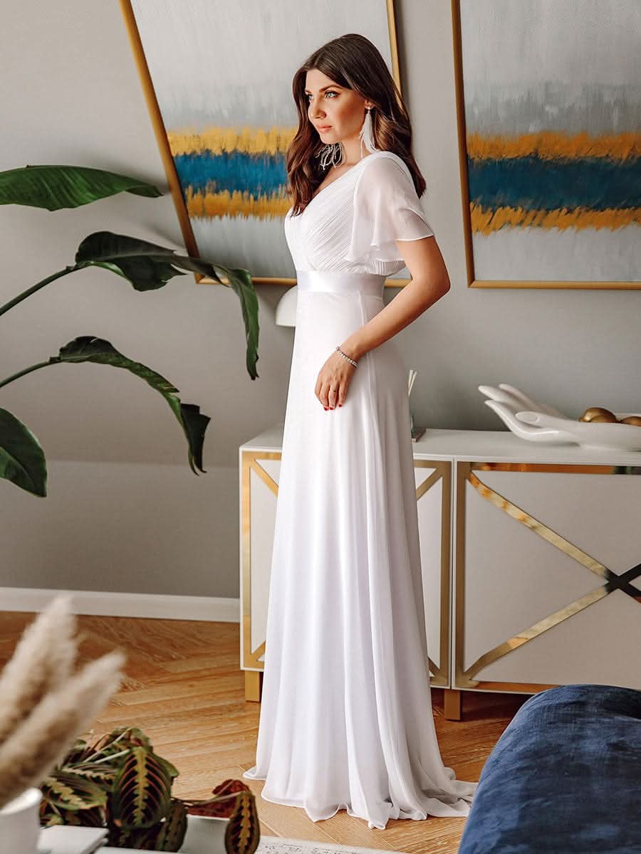 Langes Brautjungfernkleid mit Empire-Taille und kurzen, flatternden Ärmeln #Farbe_Weiß
