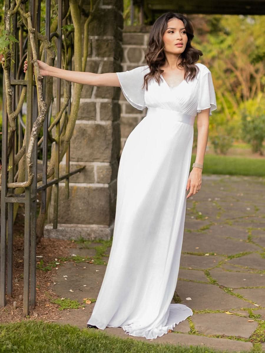 Langes Brautjungfernkleid mit Empire-Taille und kurzen, flatternden Ärmeln #Farbe_Weiß