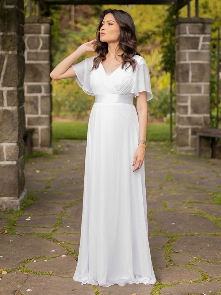 Langes Brautjungfernkleid mit Empire-Taille und kurzen, flatternden Ärmeln #Farbe_Weiß