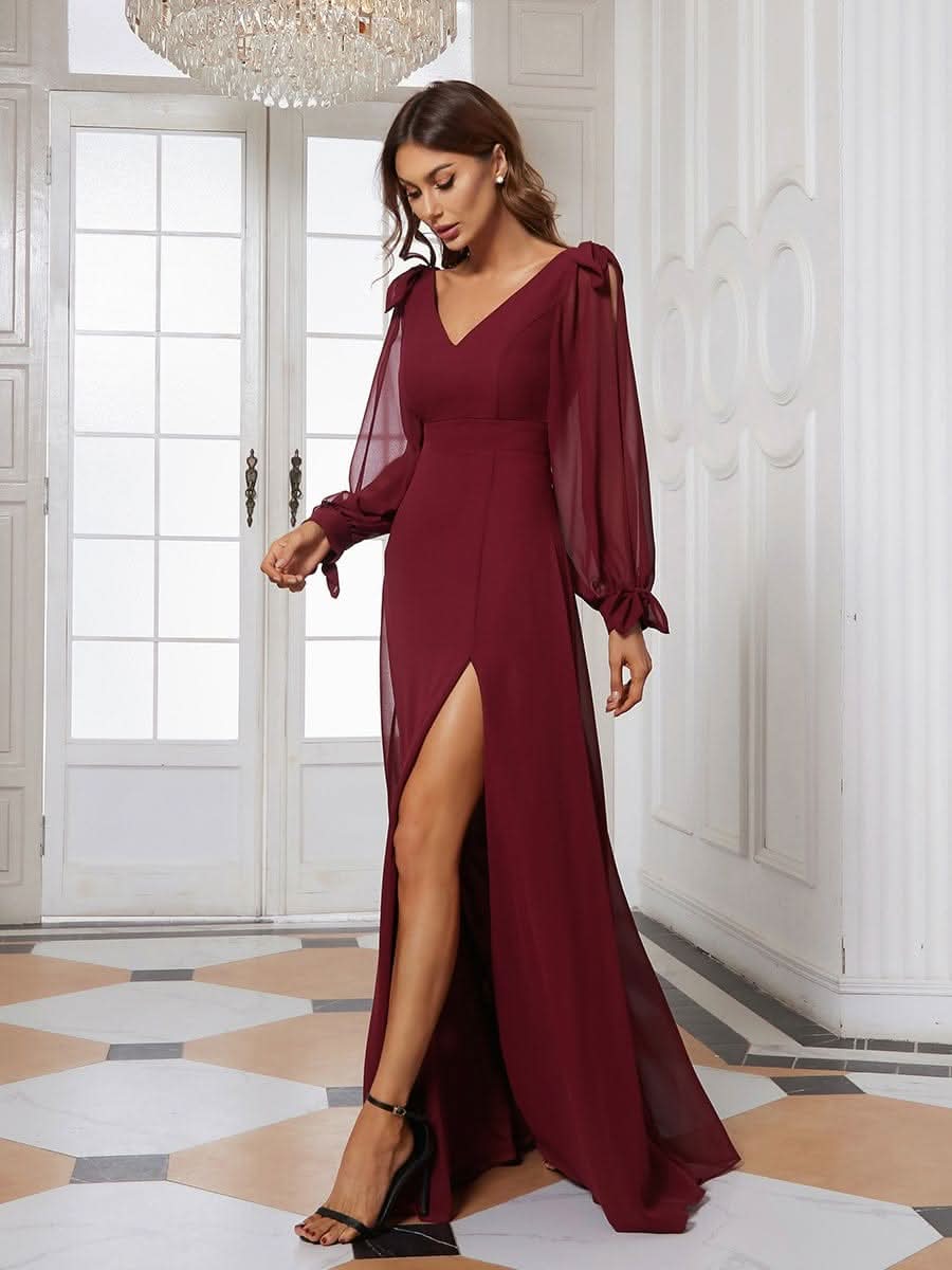 Color=Burgundy | Sanftes Brautjungfernkleid mit geschlitzten Ärmeln und tiefem Rücken am Oberschenkel-Burgundy 4