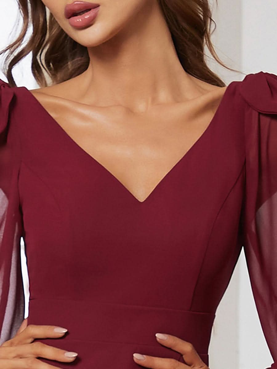 Color=Burgundy | Sanftes Brautjungfernkleid mit geschlitzten Ärmeln und tiefem Rücken am Oberschenkel-Burgundy 5