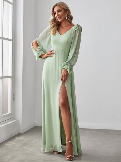 Color=Mint Gruen | Sanftes Brautjungfernkleid mit geschlitzten Ärmeln und tiefem Rücken am Oberschenkel-Mint Gruen 1