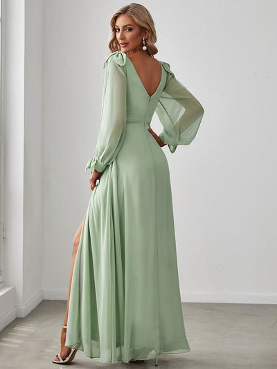 Color=Mint Gruen | Sanftes Brautjungfernkleid mit geschlitzten Ärmeln und tiefem Rücken am Oberschenkel-Mint Gruen 2