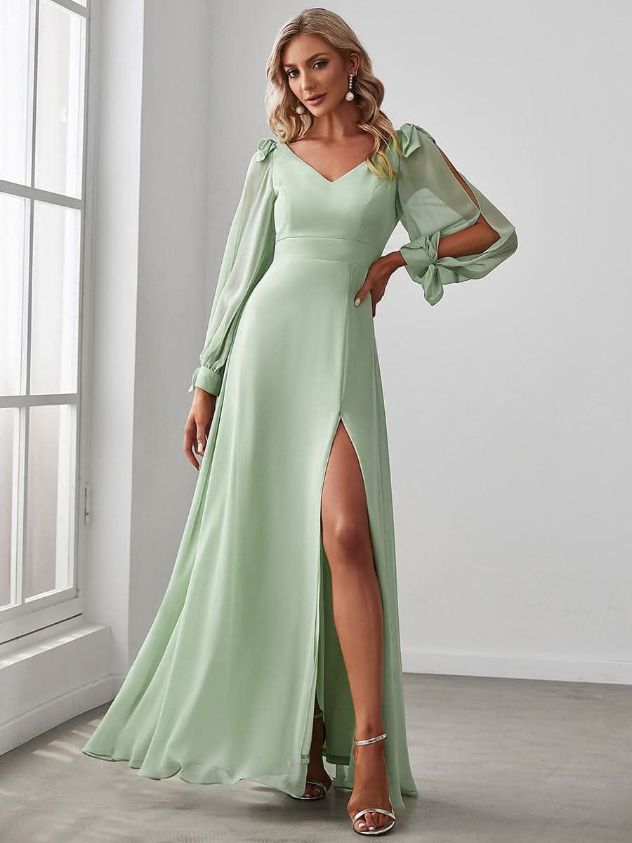 Color=Mint Gruen | Sanftes Brautjungfernkleid mit geschlitzten Ärmeln und tiefem Rücken am Oberschenkel-Mint Gruen 4