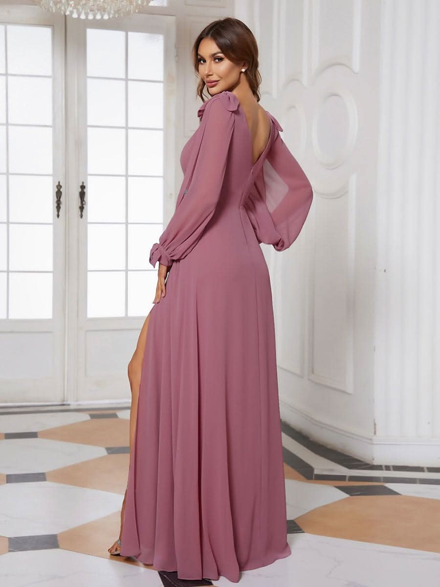 Color=Orchid | Sanftes Brautjungfernkleid mit geschlitzten Ärmeln und tiefem Rücken am Oberschenkel-Orchid 2